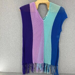 Davi & Dani Womens Boho Open Knit Fringe Beach Coverup Top Womens XL Blue Purple
